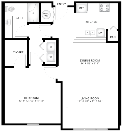 The Davis floor plan with 1 bedroom and 1 bathroom