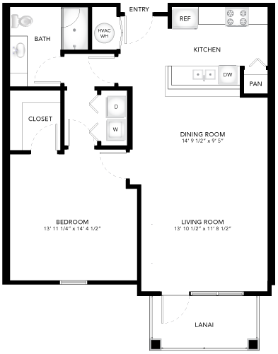 The Martin floor plan with 1 bedroom and 1 bathroom